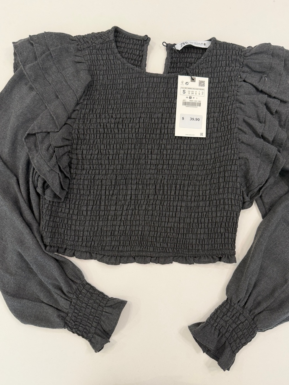 Zara Charcoal Smocked Puff-Sleeve Crop Top